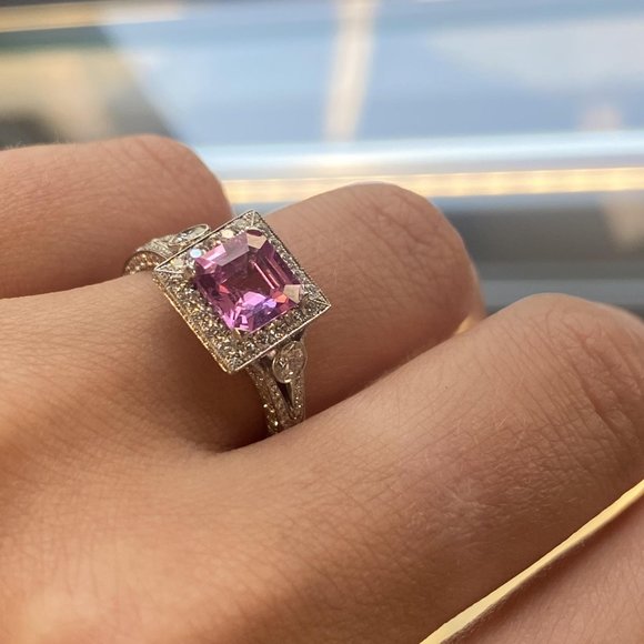 Asscher Cut Pink Sapphire Diamond Halo Engagement Ring Platinum 1.53ct Size 6 - Picture 2 of 6